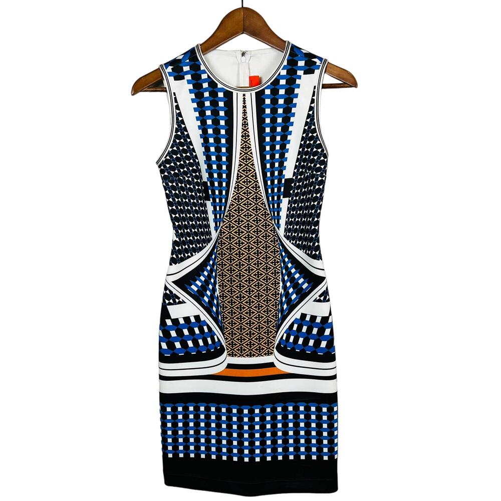 Clover Canyon Bodycon Dress Geo Mid Mod Print Sleeveless Blue Olive - S RESHOOT
